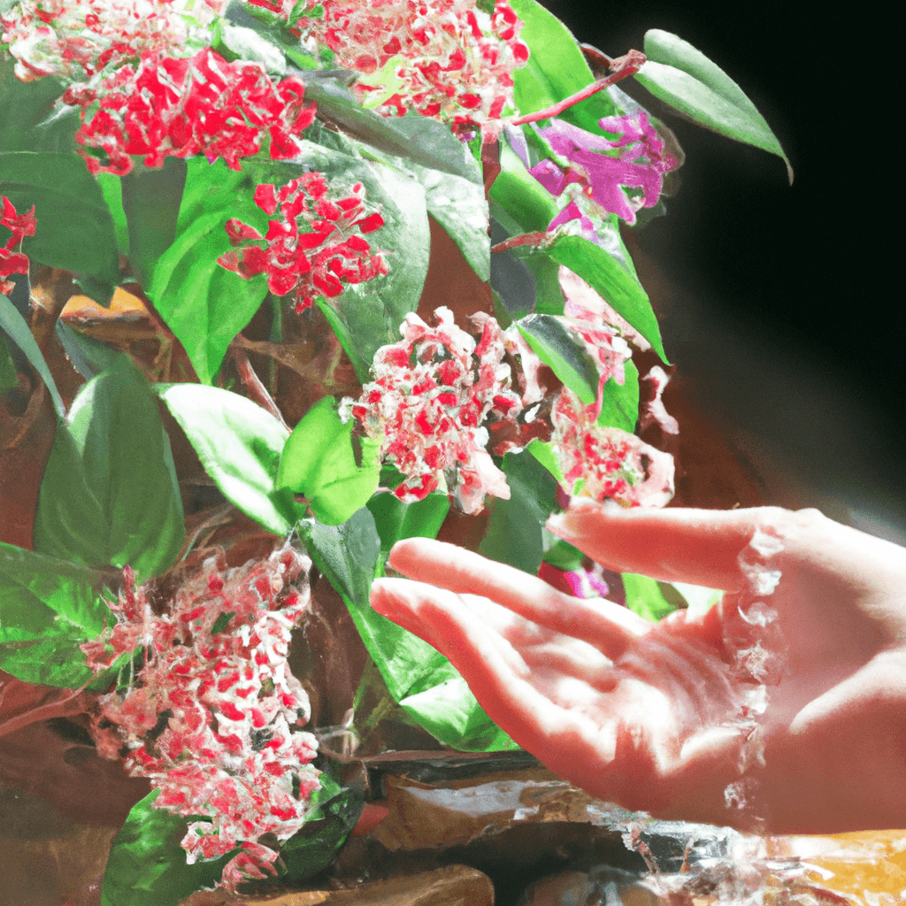 An image showcasing a radiant Hoya Rosita plant bathed in gentle, filtered sunlight, its cascading vines adorned with exquisite pink and white flowers, while a pair of hands carefully tend to its lush, well-drained soil and provide a delicate mist of water