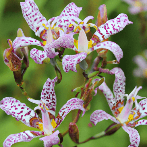 An image showcasing the delicate beauty of Toad Lilies in full bloom, with their orchid-like flowers boasting speckled petals in shades of purple, lavender, and cream, against a backdrop of lush green foliage
