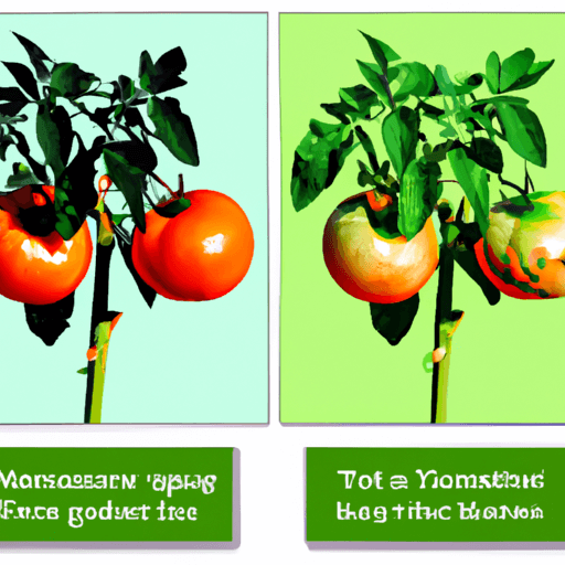 An image showcasing a healthy tomato plant next to a diseased one, with clear visual indicators of common tomato diseases such as leaf spots, wilting, and discoloration