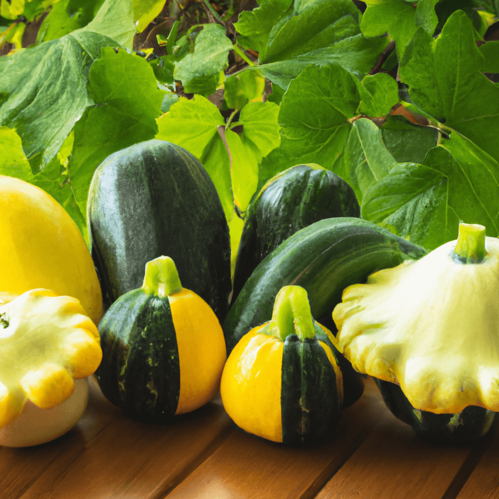 An image showcasing an assortment of vibrant summer squash varieties, from zucchini to pattypan, in various sizes and colors
