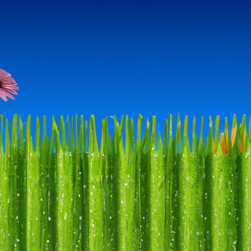 An image showcasing a lush, emerald green centipede grass lawn, perfectly manicured and weed-free, with dewdrops glistening on each blade, contrasting against a backdrop of vibrant flowers and a clear blue sky