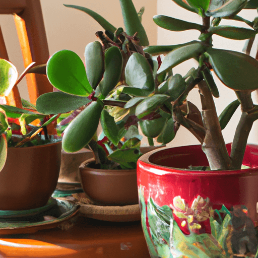 An image showcasing a lush, thriving jade plant nestled in a sunny corner of a well-lit room, surrounded by a collection of carefully placed terracotta pots, each filled with vibrant, healthy succulents