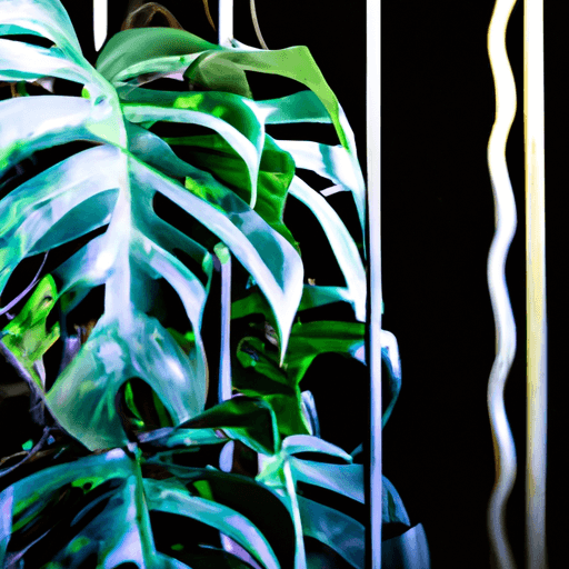 An image showcasing a luscious Monstera Albo plant, its variegated leaves elegantly cascading down a trellis