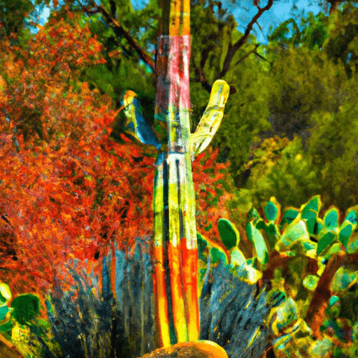 An image showcasing a vibrant, sunlit desert landscape, with a magnificent Totem Pole Cactus standing tall amidst a bed of colorful succulents