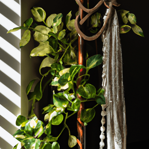 An image showcasing a thriving variegated Pothos, elegantly trailing down a macrame hanger in a sunlit corner