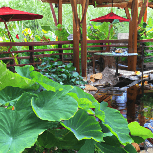 an inviting, secluded patio paradise: A sun-drenched oasis enclosed by lush bamboo screens, adorned with cascading vines and blooming flowers, complete with cozy seating, twinkling string lights, and a tranquil water feature