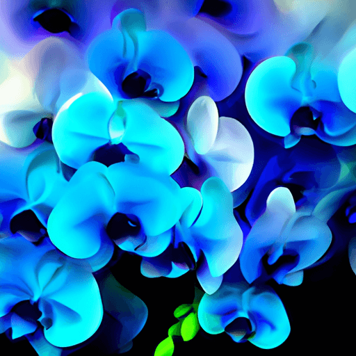 An image that captures the ethereal charm of blue orchids: Delicate petals in shades of cerulean and sapphire, gracefully arching stems against a backdrop of lush green foliage, and a hint of mystery in the air