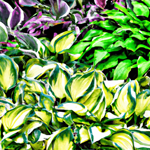 An image featuring a lush garden bed with a diverse array of Variegated Hosta varieties