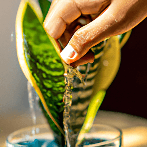the essence of nurturing a snake plant by showcasing a close-up image of a hand gently pouring water onto the soil, with droplets glistening on the leaves