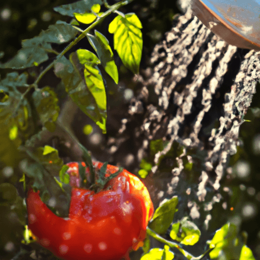 An image showcasing a lush tomato plant basking under a gentle shower of water droplets from a watering can, with sunlight filtering through the leaves and a vibrant red tomato ready for picking